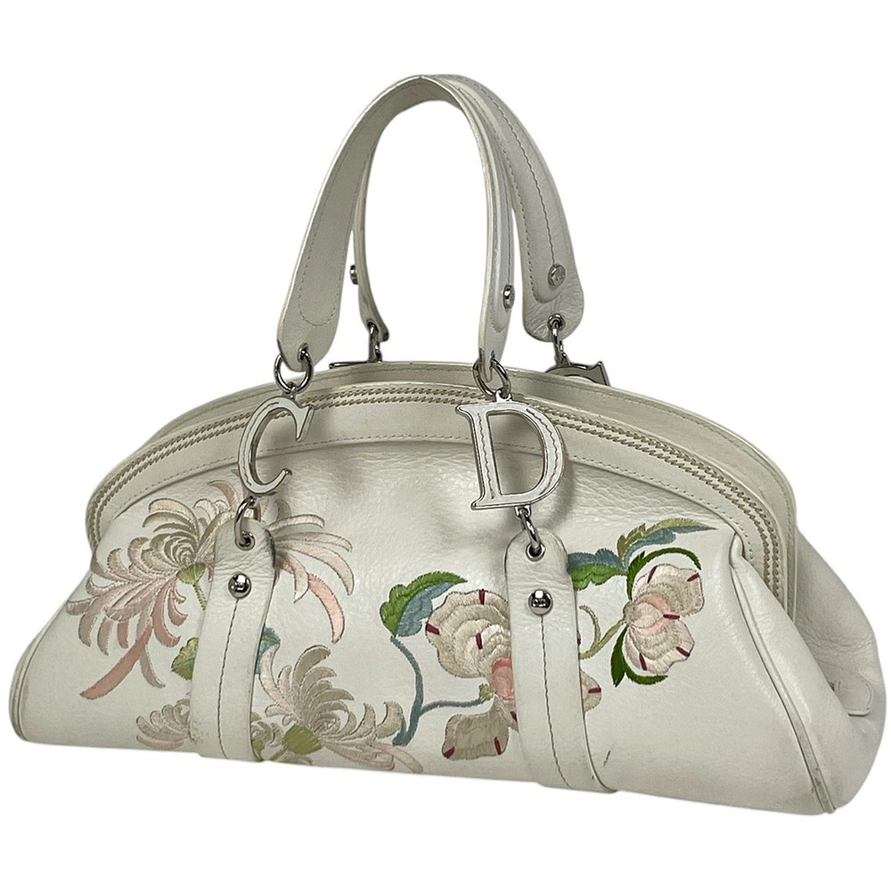 Christian Dior handbag floral embroidery leather white